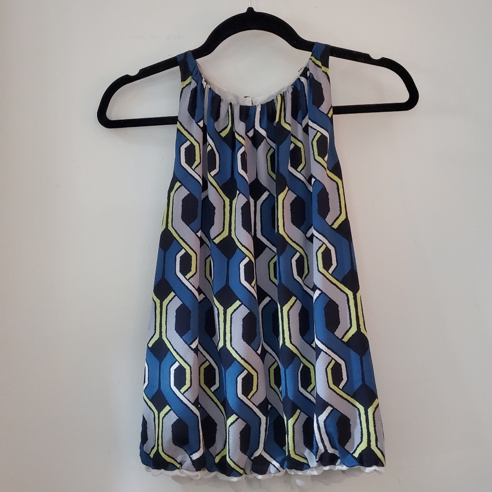 Trina Turk silk sleeveless top, blue white yellow & gray retro pattern, size P